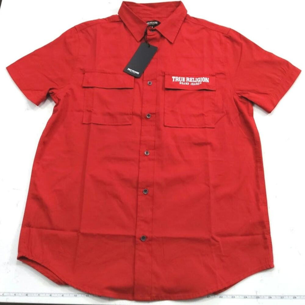 True Religion NTW red short sleeve button down shirt mens size S streetwear bold